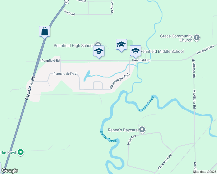 map of restaurants, bars, coffee shops, grocery stores, and more near 108 Wanondoger Circle in Battle Creek
