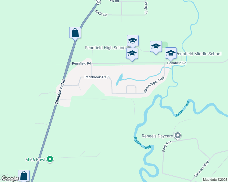 map of restaurants, bars, coffee shops, grocery stores, and more near 289 Pennbrook Trail in Battle Creek