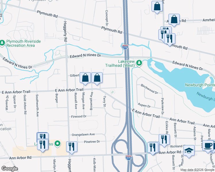 map of restaurants, bars, coffee shops, grocery stores, and more near 40364 Ferguson Avenue in Plymouth