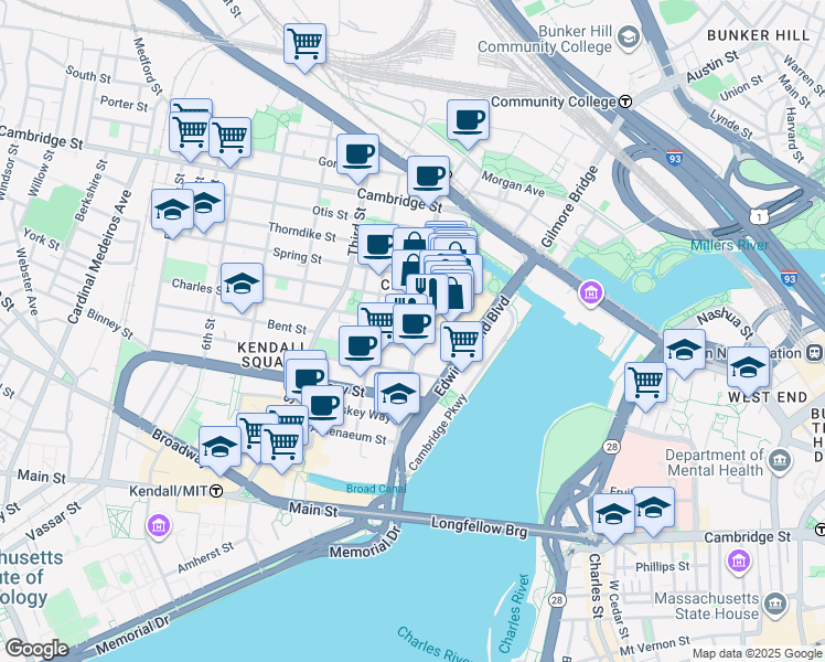 map of restaurants, bars, coffee shops, grocery stores, and more near 121 First Street in Cambridge