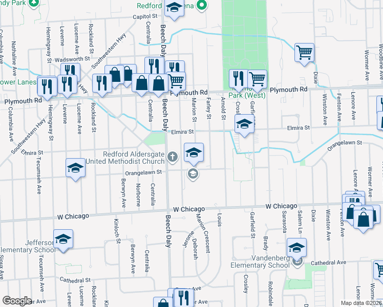 map of restaurants, bars, coffee shops, grocery stores, and more near 9998 Marion in Redford Charter Township