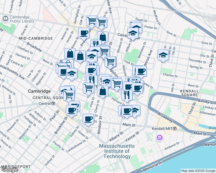 map of restaurants, bars, coffee shops, grocery stores, and more near 225 Windsor Street in Cambridge