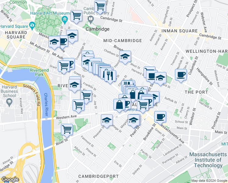 map of restaurants, bars, coffee shops, grocery stores, and more near 848 Massachusetts Avenue in Cambridge