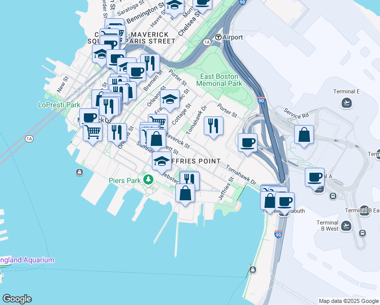 map of restaurants, bars, coffee shops, grocery stores, and more near 296 Maverick Street in Boston