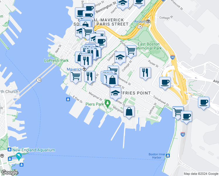 map of restaurants, bars, coffee shops, grocery stores, and more near 68 Cottage Street in Boston
