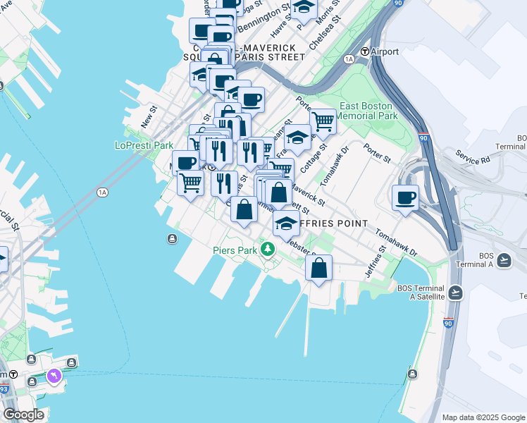 map of restaurants, bars, coffee shops, grocery stores, and more near 16 Cottage Street in Boston