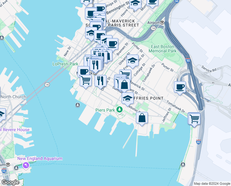 map of restaurants, bars, coffee shops, grocery stores, and more near 16 Cottage Street in Boston