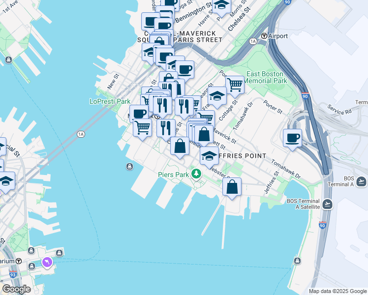 map of restaurants, bars, coffee shops, grocery stores, and more near 16 Cottage Street in Boston