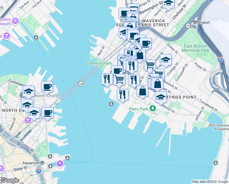 map of restaurants, bars, coffee shops, grocery stores, and more near 11 Lewis Street in Boston