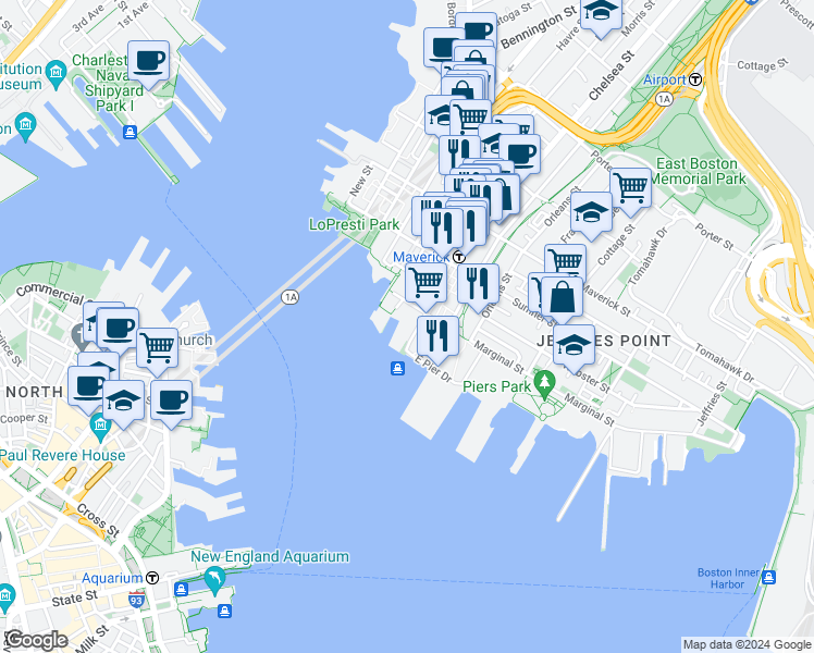 map of restaurants, bars, coffee shops, grocery stores, and more near 11 Lewis Street in Boston