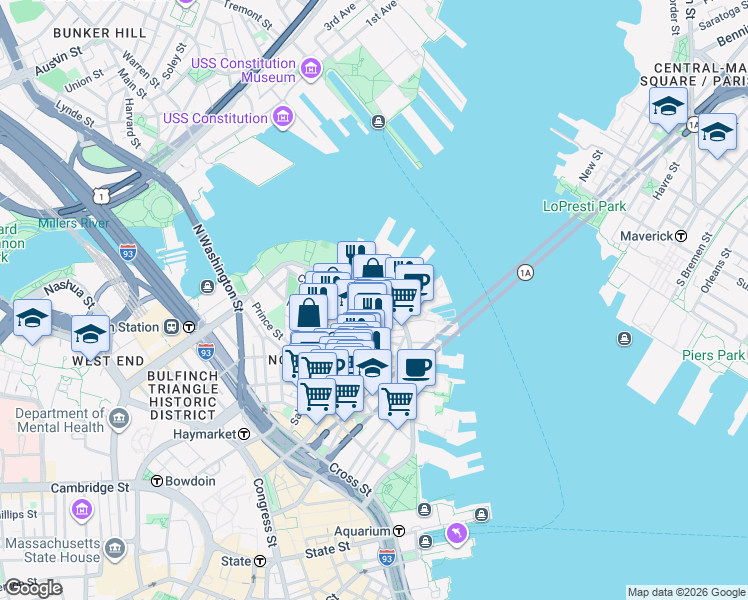 map of restaurants, bars, coffee shops, grocery stores, and more near 476498 Hanover Saint Exd in Boston