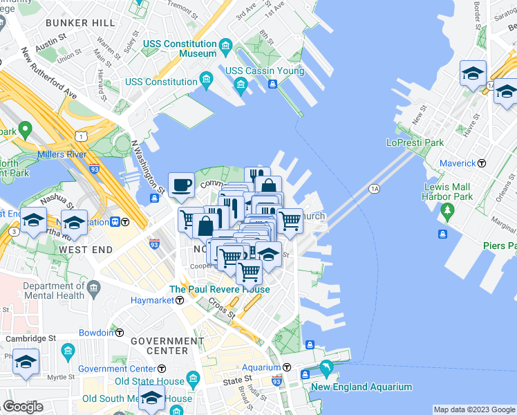 map of restaurants, bars, coffee shops, grocery stores, and more near in Boston