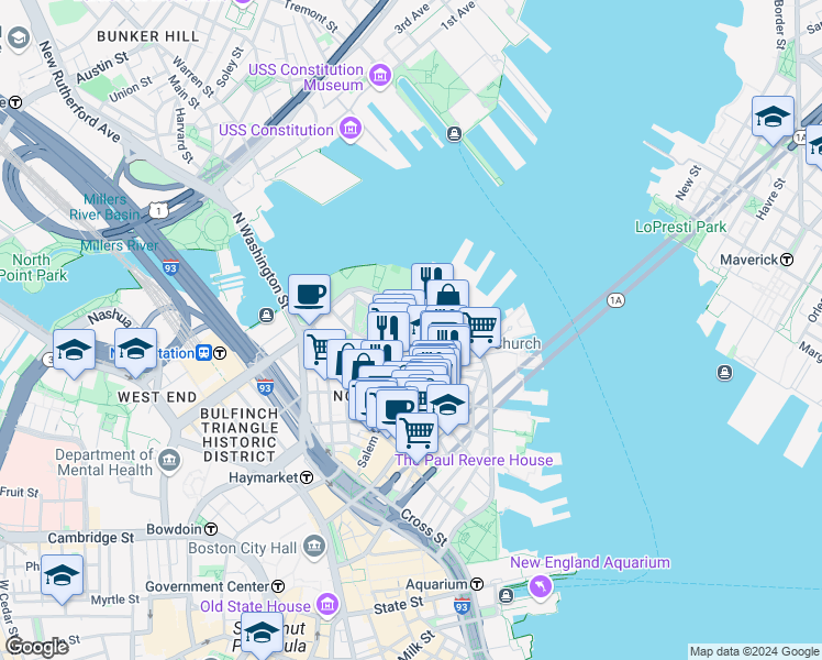 map of restaurants, bars, coffee shops, grocery stores, and more near in Boston