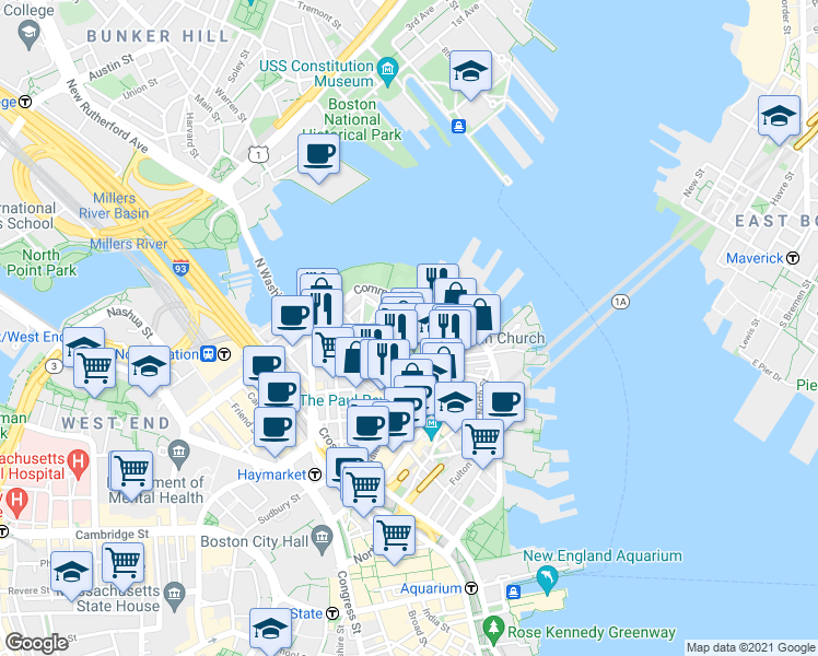 map of restaurants, bars, coffee shops, grocery stores, and more near in Boston
