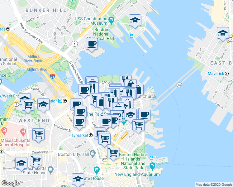 map of restaurants, bars, coffee shops, grocery stores, and more near in Boston