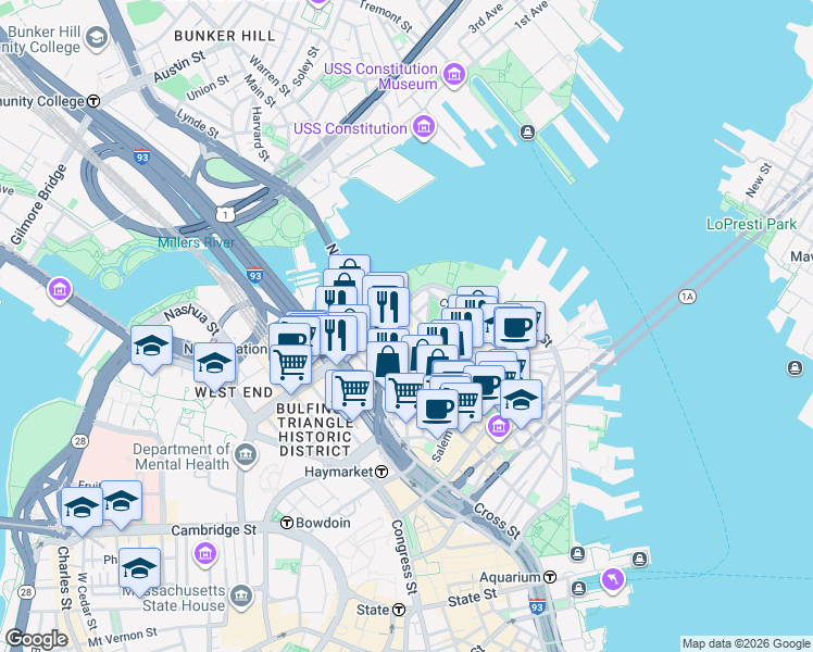 map of restaurants, bars, coffee shops, grocery stores, and more near 589 Commercial Street in Boston