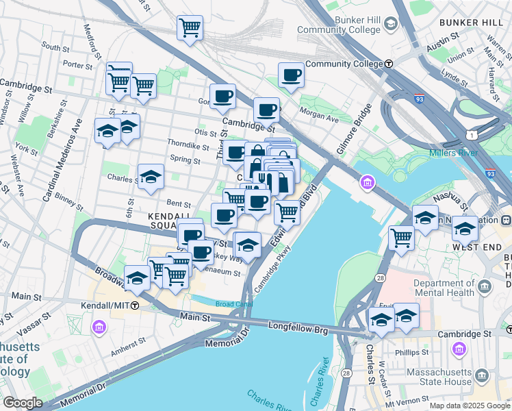 map of restaurants, bars, coffee shops, grocery stores, and more near 100 Cambridgeside Place in Cambridge