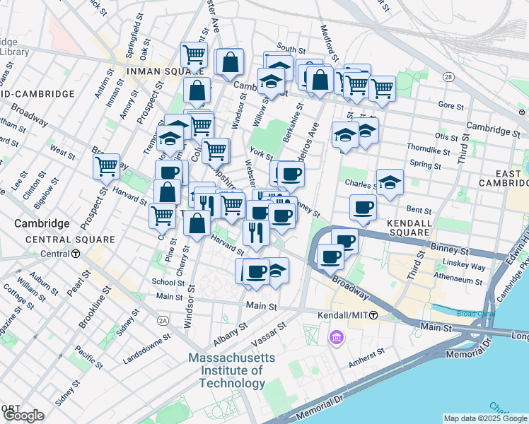 map of restaurants, bars, coffee shops, grocery stores, and more near 33 Webster Avenue in Cambridge
