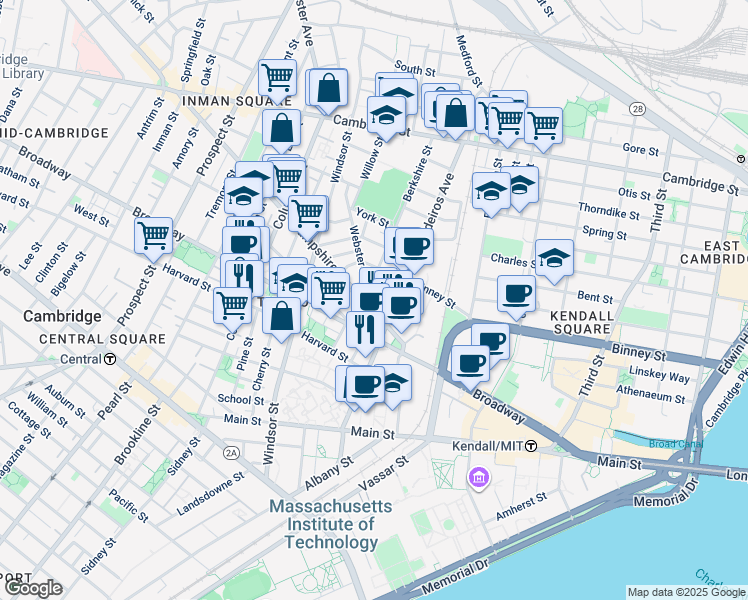 map of restaurants, bars, coffee shops, grocery stores, and more near 33 Webster Avenue in Cambridge