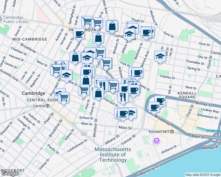 map of restaurants, bars, coffee shops, grocery stores, and more near 86 Bristol Street in Cambridge