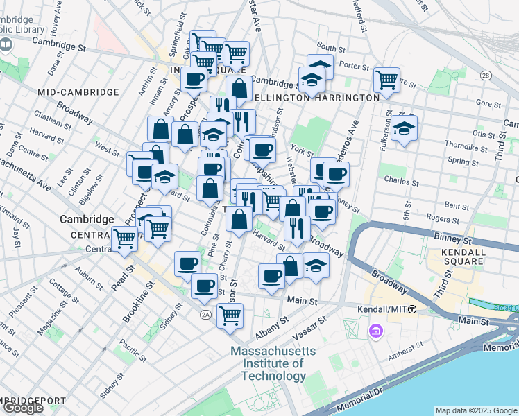 map of restaurants, bars, coffee shops, grocery stores, and more near in Cambridge