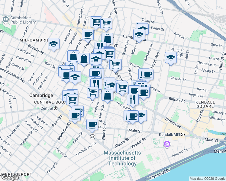 map of restaurants, bars, coffee shops, grocery stores, and more near in Cambridge
