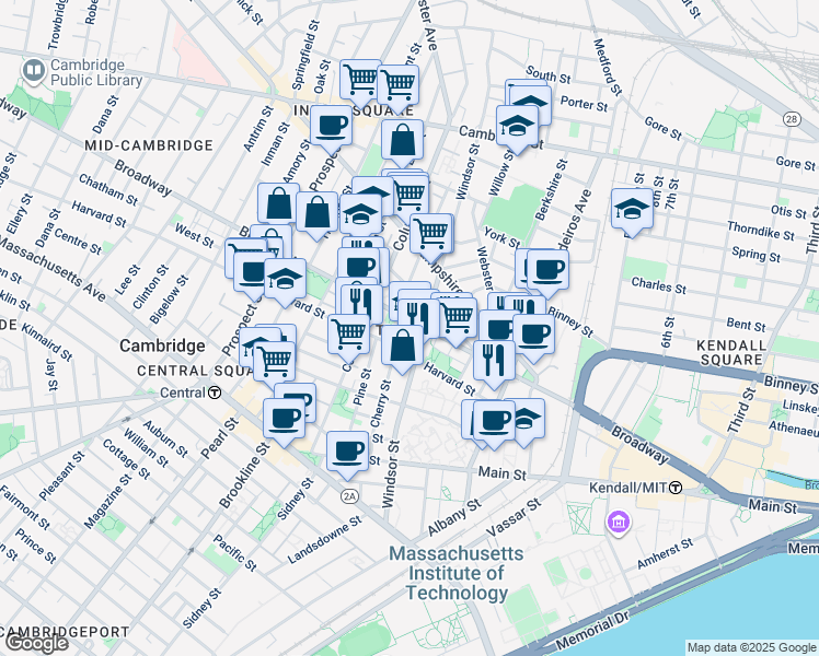 map of restaurants, bars, coffee shops, grocery stores, and more near in Cambridge