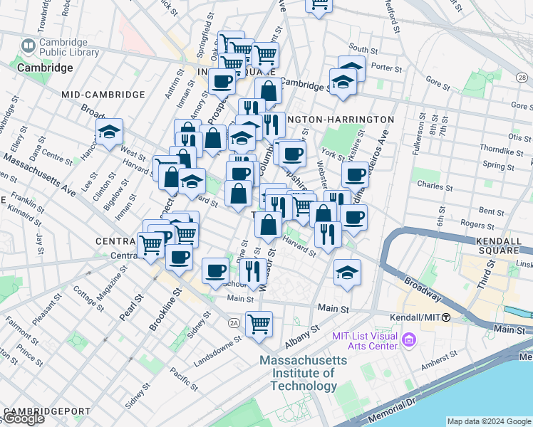 map of restaurants, bars, coffee shops, grocery stores, and more near 268 Broadway in Cambridge