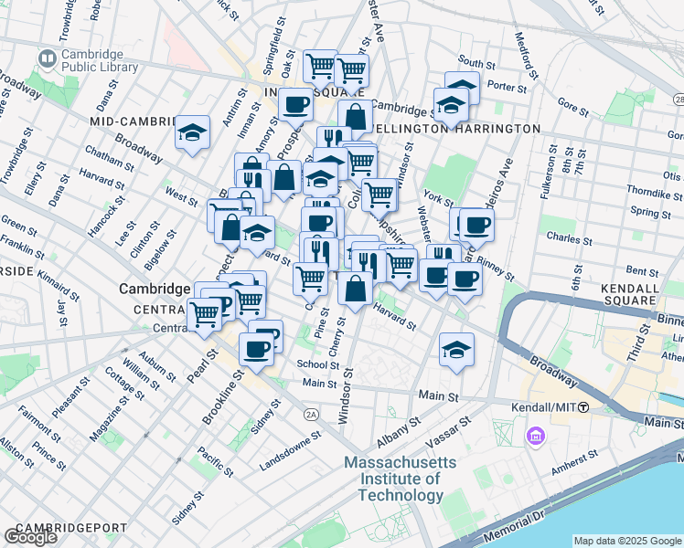 map of restaurants, bars, coffee shops, grocery stores, and more near 268 Broadway in Cambridge