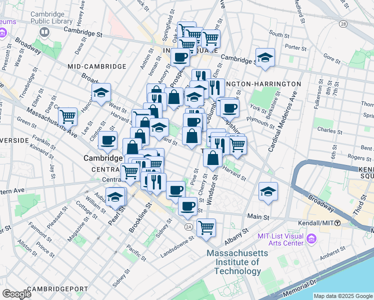 map of restaurants, bars, coffee shops, grocery stores, and more near 14 Elm Street in Cambridge