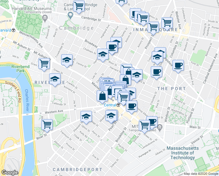 map of restaurants, bars, coffee shops, grocery stores, and more near 151 Bishop Allen Drive in Cambridge