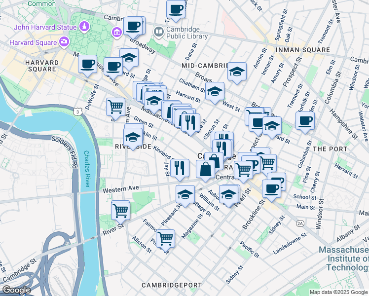 map of restaurants, bars, coffee shops, grocery stores, and more near 512 Green Street in Cambridge