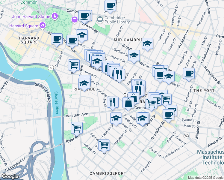 map of restaurants, bars, coffee shops, grocery stores, and more near 512 Green Street in Cambridge