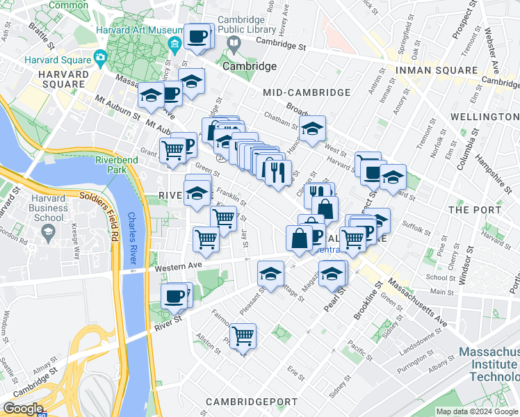 map of restaurants, bars, coffee shops, grocery stores, and more near 512 Green Street in Cambridge