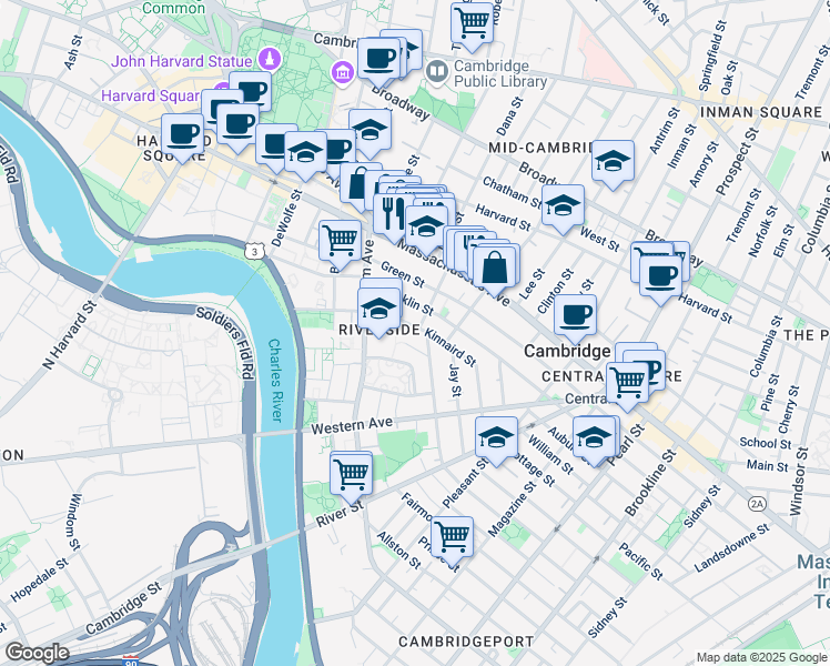 map of restaurants, bars, coffee shops, grocery stores, and more near 98 Kinnaird Street in Cambridge
