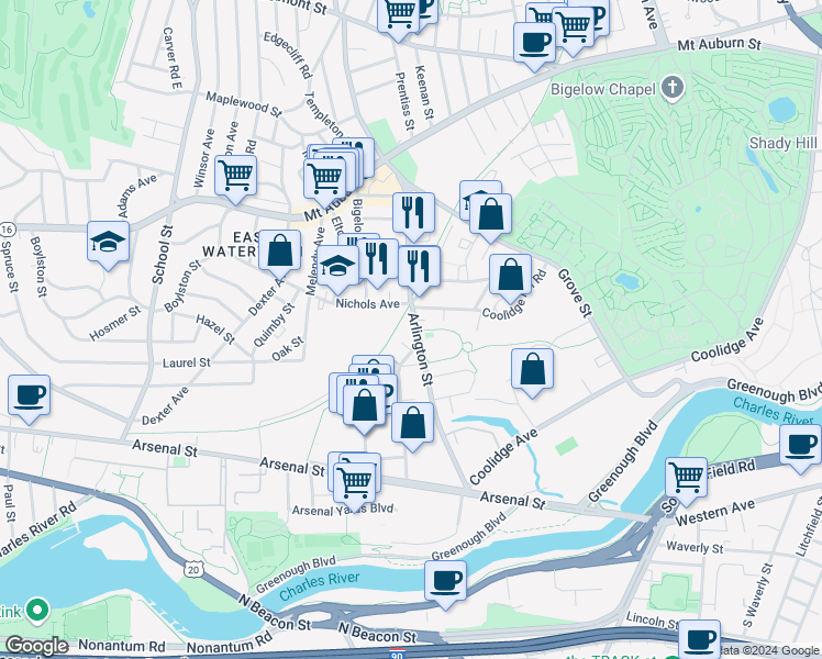 map of restaurants, bars, coffee shops, grocery stores, and more near 155 Arlington Street in Watertown