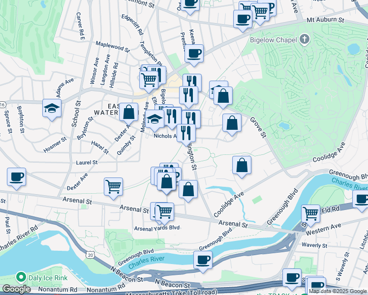map of restaurants, bars, coffee shops, grocery stores, and more near 155 Arlington Street in Watertown