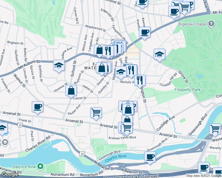 map of restaurants, bars, coffee shops, grocery stores, and more near 87 Melendy Avenue in Watertown