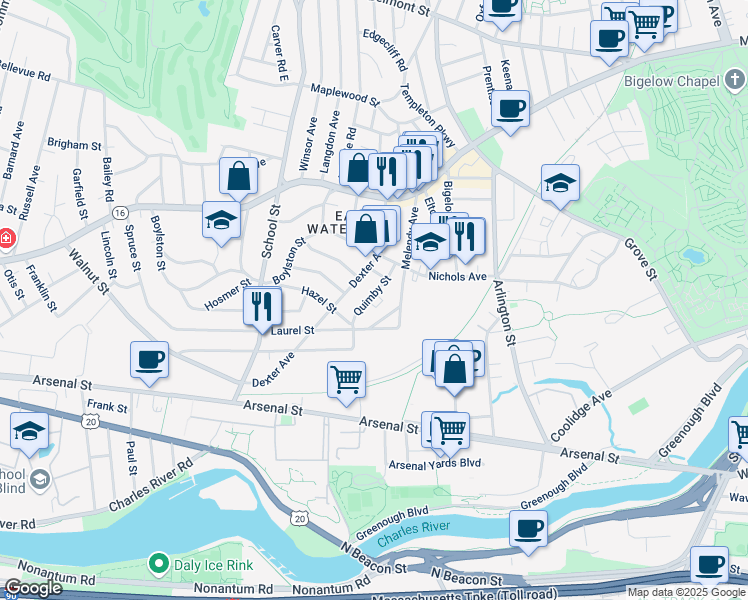 map of restaurants, bars, coffee shops, grocery stores, and more near 78 Dexter Avenue in Watertown