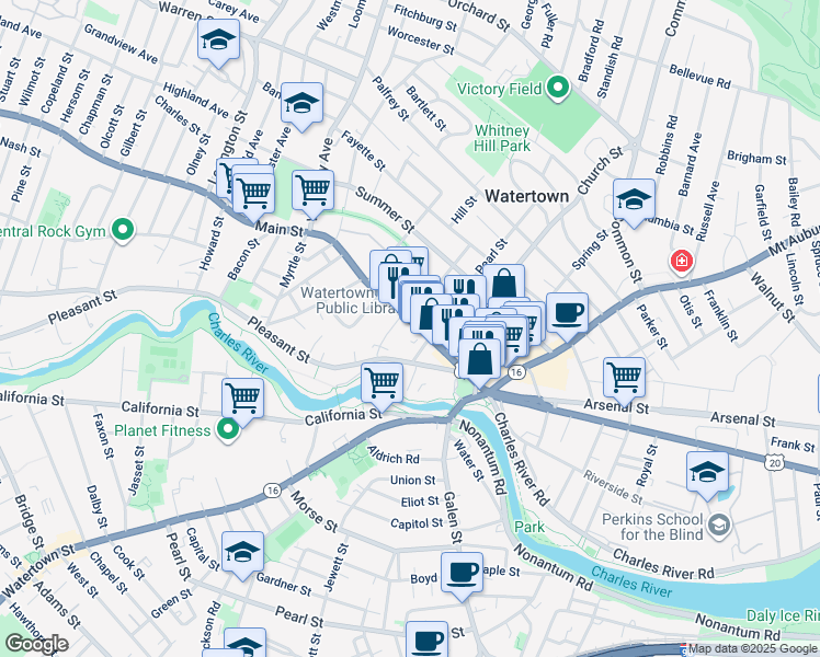 map of restaurants, bars, coffee shops, grocery stores, and more near 123 Main Street in Watertown