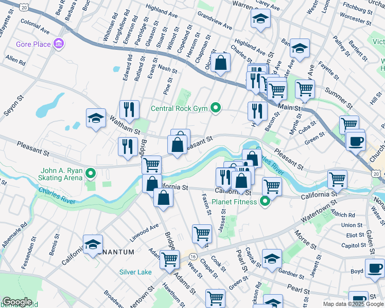 map of restaurants, bars, coffee shops, grocery stores, and more near 340 Pleasant Street in Watertown