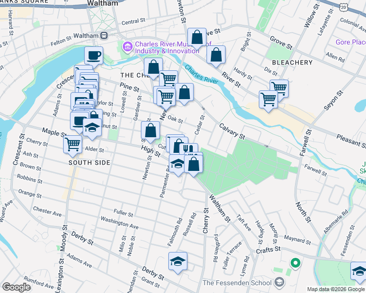 map of restaurants, bars, coffee shops, grocery stores, and more near 40 Clinton Street in Waltham