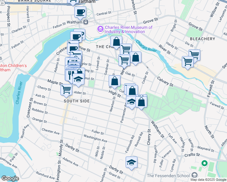map of restaurants, bars, coffee shops, grocery stores, and more near 50 Stearns Street in Waltham