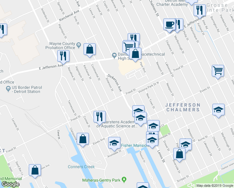 map of restaurants, bars, coffee shops, grocery stores, and more near 722 Emerson Street in Detroit