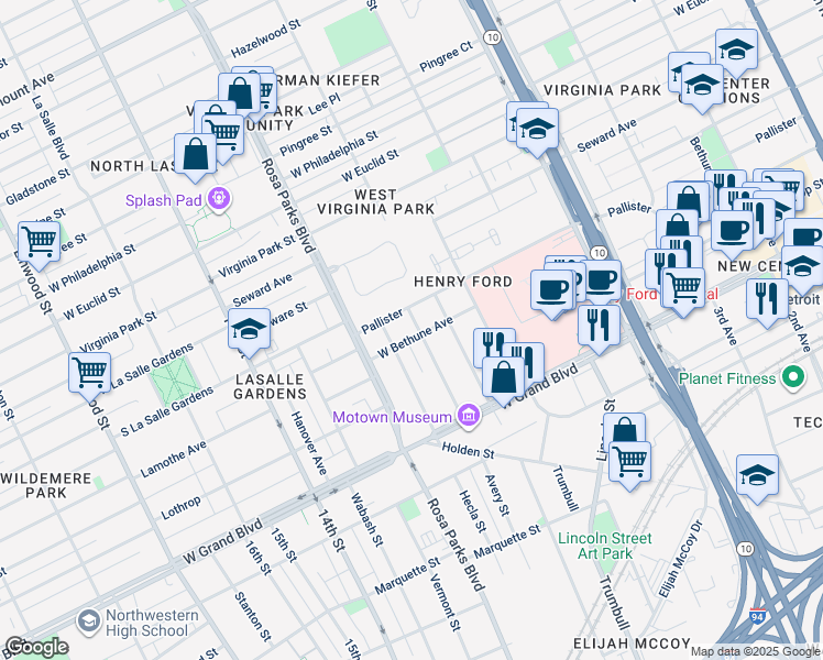 map of restaurants, bars, coffee shops, grocery stores, and more near 1707 Pallister in Detroit