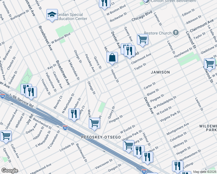 map of restaurants, bars, coffee shops, grocery stores, and more near 4037 Taylor Street in Detroit