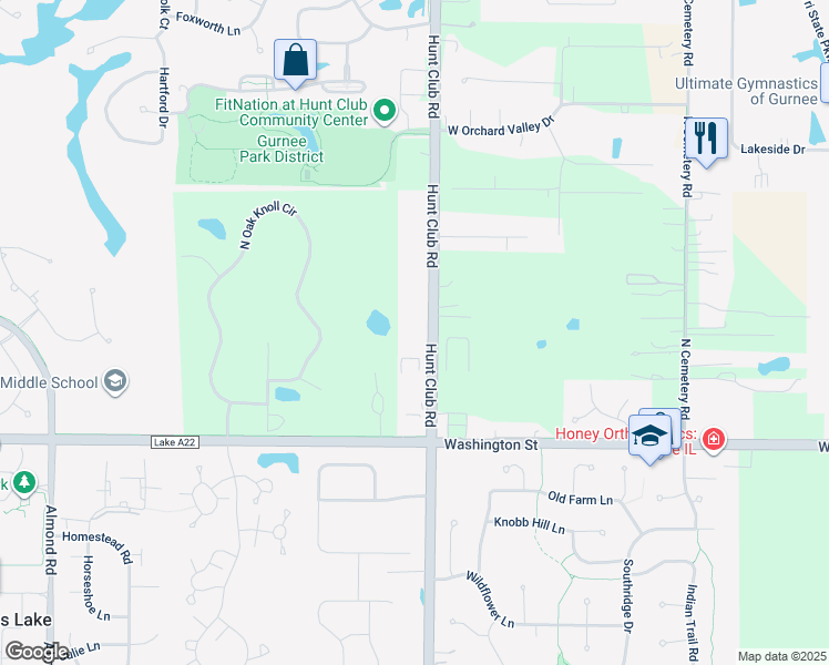 map of restaurants, bars, coffee shops, grocery stores, and more near 500 Hunt Club Road in Gurnee