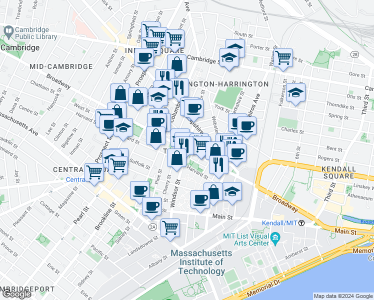 map of restaurants, bars, coffee shops, grocery stores, and more near Broadway & Windsor St in Cambridge