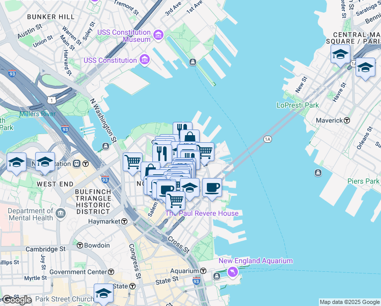 map of restaurants, bars, coffee shops, grocery stores, and more near 476498 Hanover Saint Exd in Boston