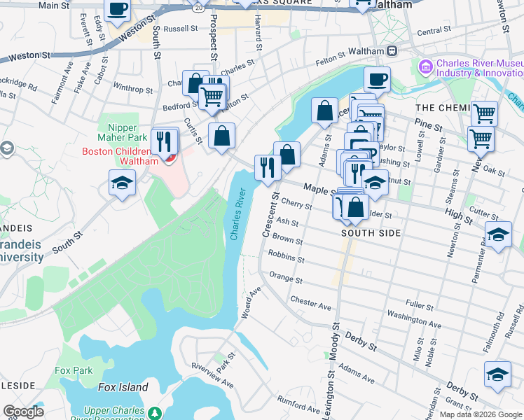 map of restaurants, bars, coffee shops, grocery stores, and more near 241 Crescent Street in Waltham